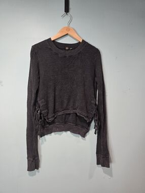 Free People FP One Cropped Interlaken Thermal Top Tee Gray Black Size S